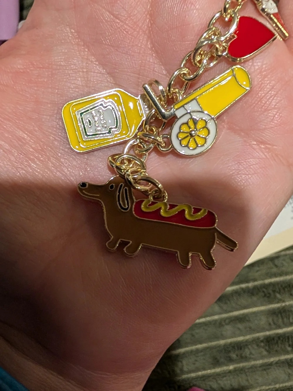 No Boundaries Yellow & Brown Dachshund Hot Dog Charm Keychain with Red Heart